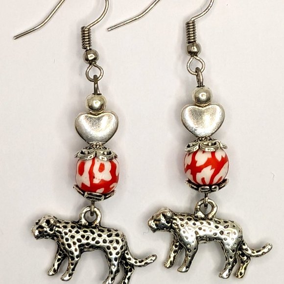 Leopard Silver Heart with clay flower Bead Earrings - Picture 2 of 2